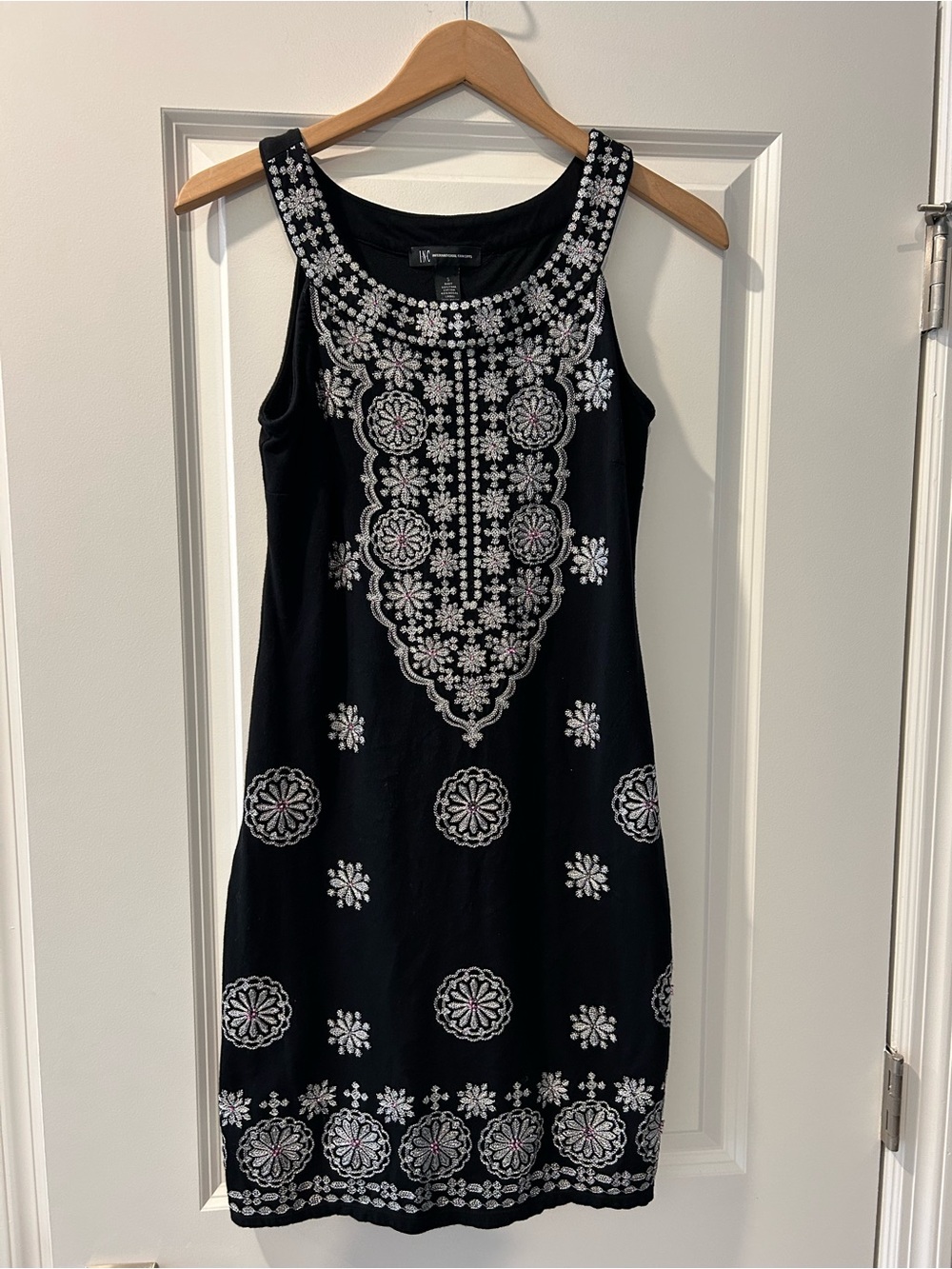 INC International Concepts Black Sleeveless Midi Dress with White Embroidery